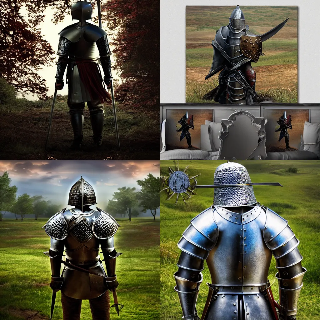 Prompt: art of a medieval knight from the back, in full growth, in the middle of a lonely battleground after battle, 4K, high detailed