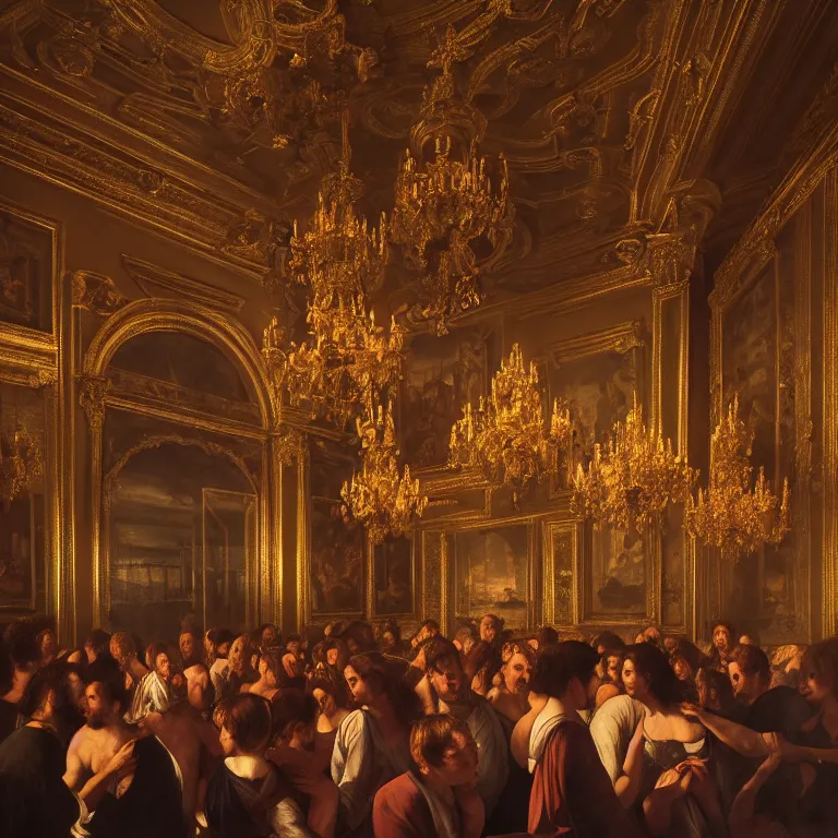 Image similar to Party in old Madrid, dreamlike atmosphere, symmetrical baroque painting, perfect composition, beautiful and detailed intricate high detailed octane that is trending on Artstation, 8K fine art photography, photorealistic, soft natural volumetric cinematic perfect light, chiaroscuro, award- winning photography, masterpiece, Raphael, Caravaggio, Greg Rutkowski, Beeple