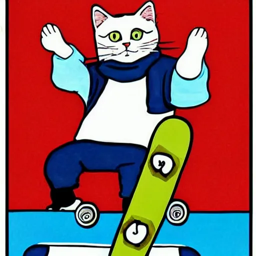 Image similar to 9 0's, 1 9 9 0 s style poster with a cat riding on a skateboard giving a peace sign ✌