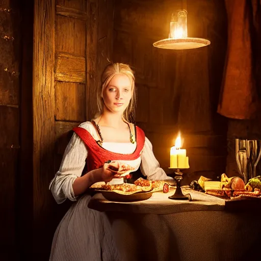 Image similar to young attractive beautiful scandinavian woman wearing 1 8 th century stay in a medieval tavern at night with candles, wow 4 k detail fantasy, matte painting, realistic materials, photo realistic, postprocessing, cinematic, hyperrealistic, studio lighting, ekaterina, the tudors, photography by richard jenkins