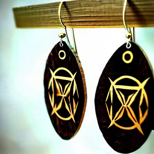 Image similar to 2 d wood lasercut earrings, mystical symbols, 8 k, hd, trending on amazon on artstation, trending on deviantart, trending on etsy, epic digital art