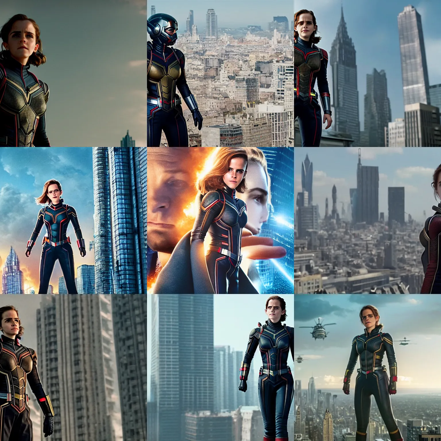 Prompt: Emma Watson grows to an enormous size and towers over a city, film still from 'Ant-Man and the Wasp'