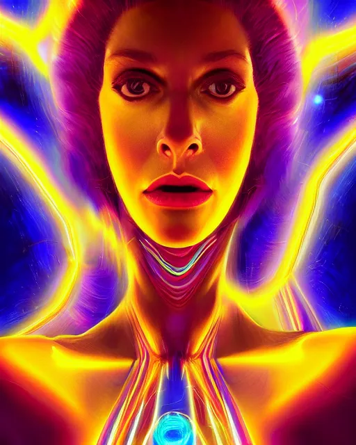 Image similar to a powerful energy psychedelic matrix woman, by alexander fedosav, hyper detailed digital matte painting, concept art, hyperrealism, 1 6 k resolution, cinema 4 d, 8 k resolution, trending on artstation, behance hd, a masterpiece, by stephan martiniere, particles, cel - shaded, power bright neon energy, by david a. hardy,