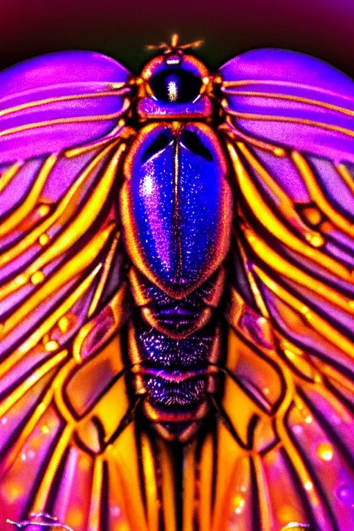 Image similar to high quality macro photo holographic art nouveau fly! jeweled gorgeous! highly detailed digital art david ligare elson peter cinematic purple neon lighting high quality low angle hd 8k sharp shallow depth of field