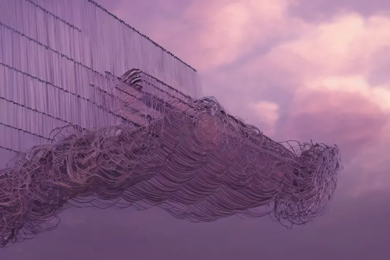 Image similar to a large loom machine that weaves threds that turn into the clouds in a calm purple sky, aesthetic, intricate, elegant, 8K, concept art, highly detailed, hyper-realistic, polished, artstation, unreal engine