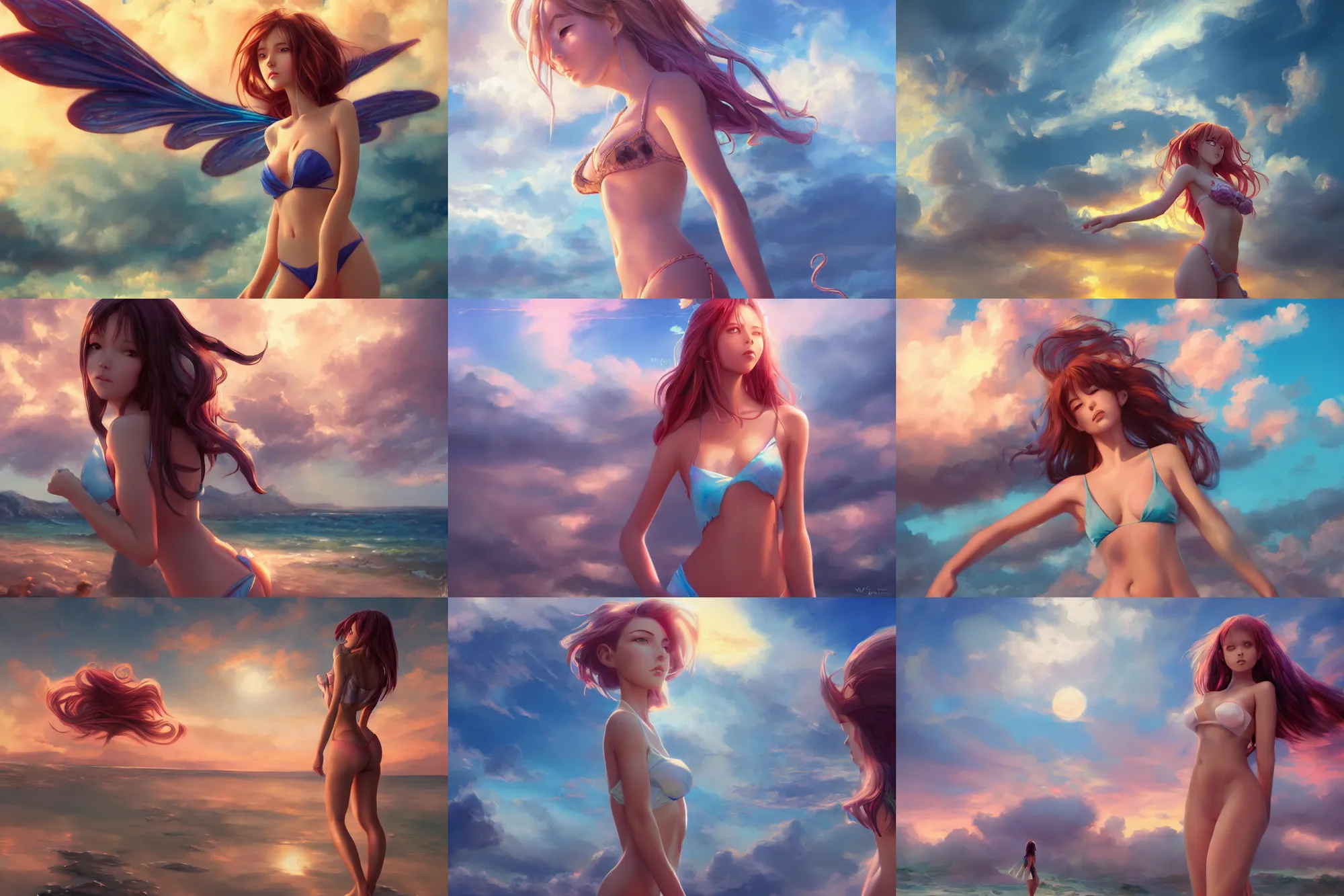 Prompt: front shot of one single beautiful fairy girl in micro bikini, manga, digital art by wlop, mandy jurgens, artstation contest winner, cinematic paint. dramatic cloud in background. sunset