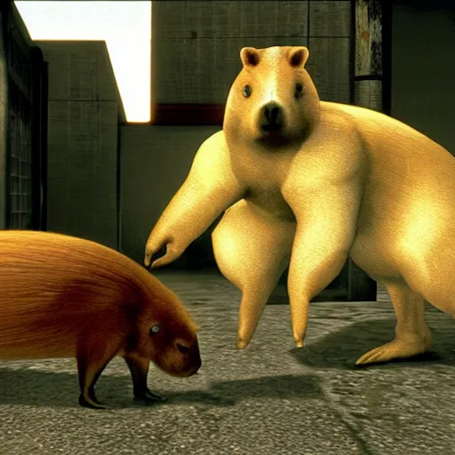 Image similar to capybara with a banana on its head. screenshot from max payne game