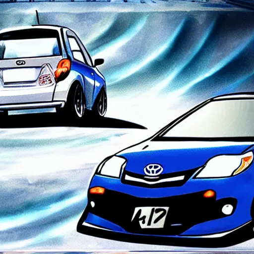 Prompt: blue toyota gr yaris drift on the road, initial d style anime art