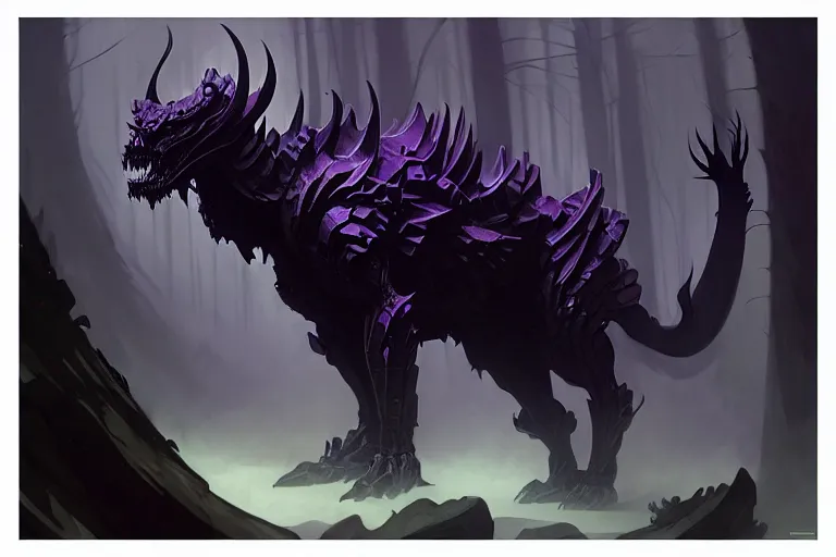 Prompt: concept art of a dispacer beast, d & d creature, by greg rutkowski and alphonse mucha, gradient black to purple, monoliths in a dark forest background, highly detailed, digital painting, artstation, concept art, smooth, sharp focus illustration, artstation hq