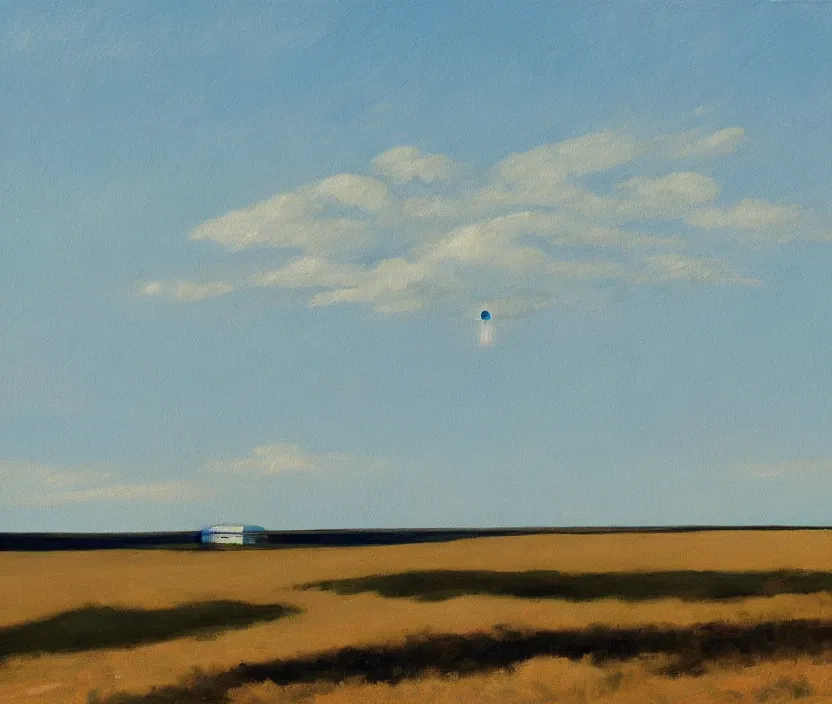 Prompt: a very detailed painting of a ufo, baby blue sky, in the style of edward hopper and hugo pondz, very fine brushstrokes, 4 k,