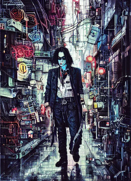 Image similar to johnny depp in a cyberpunk city by james jean, manuel sanjulian