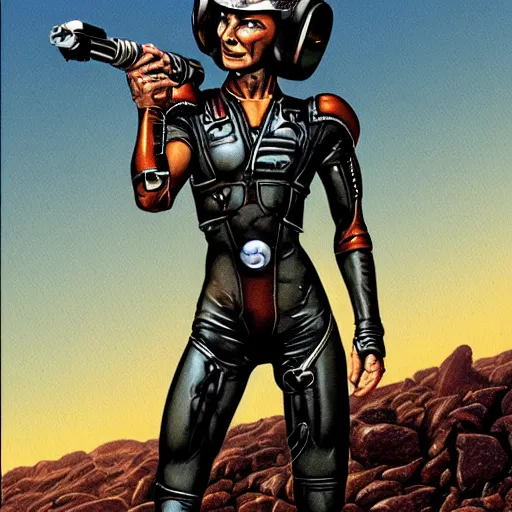 Prompt: a muscular bronze - skinned silver - eyed woman warrior wearing flight suit and kevlar vest, holding a ray gun, at spaceship airlock, highly detailed, ron cobb, alien 1 9 7 9, mike mignola, trending on art station, illustration, comic book