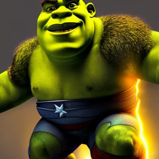 Image similar to digital painting of Shrek as Captain America, octane render, volumetric lightening, by marvel