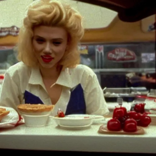 Prompt: Scarlett Johansson serving cherry pie at the double r diner in Twin Peaks (1990)