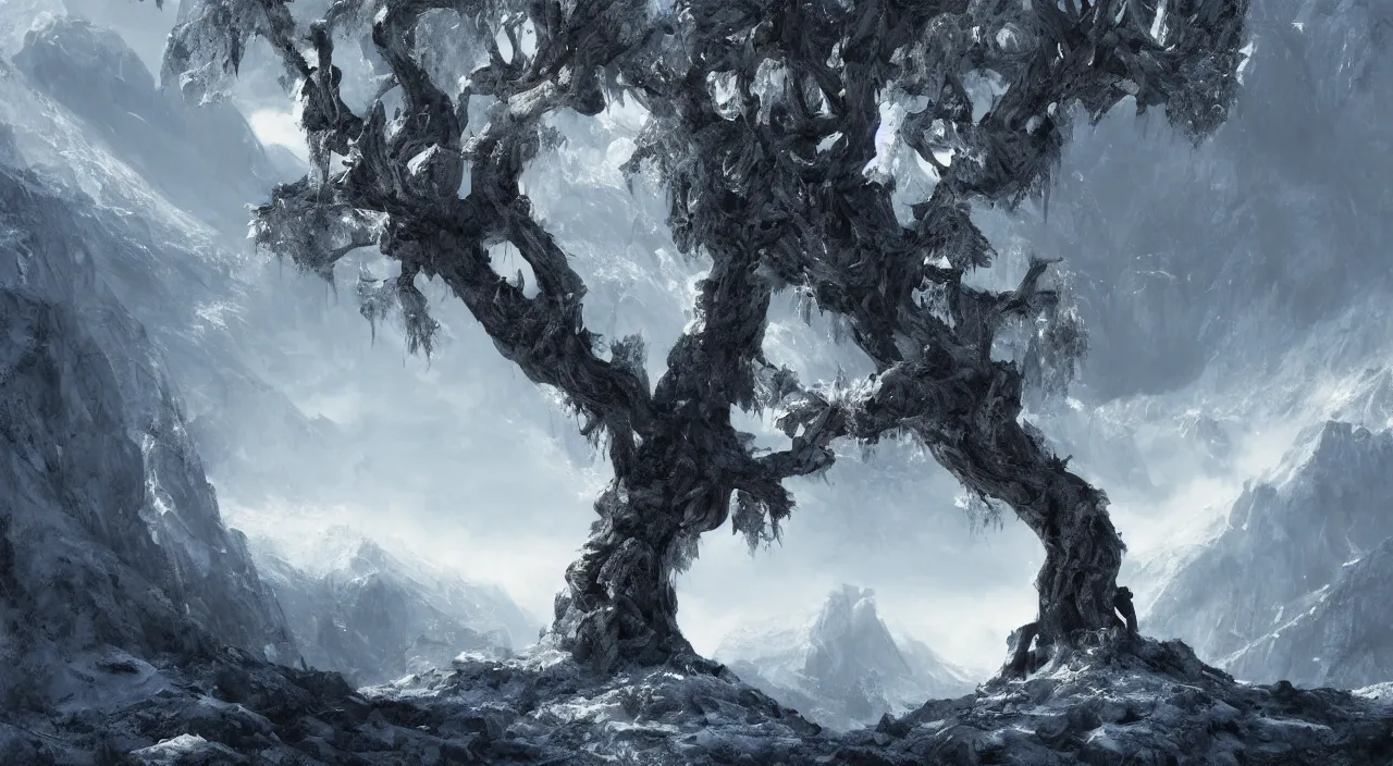 Prompt: large fantasy crooked gray tree on a small hill in the middle of a huge cold valley of ice with large mountains in the background, wallpaper by craig mullins, digital 4K painting, hyperrealistic, hyper real, vivid, cinematic