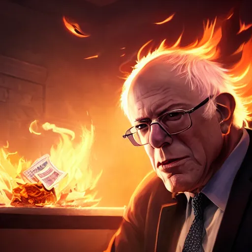 Image similar to portrait of bernie sanders burning money, league of legends amazing splashscreen artwork, splash art, natural light, elegant, photorealistic facial features, intricate, fantasy, detailed face, atmospheric lighting, anamorphic lens flare, cinematic lighting, league of legends splash art, hd wallpaper, ultra high details by greg rutkowski