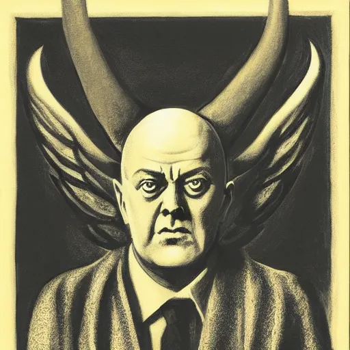 Image similar to Aleister Crowley with baphomet, by Raphael Hopper, and Rene Magritte. Highly detailed, romantic, enchanting, magical, trending on artstationHQ