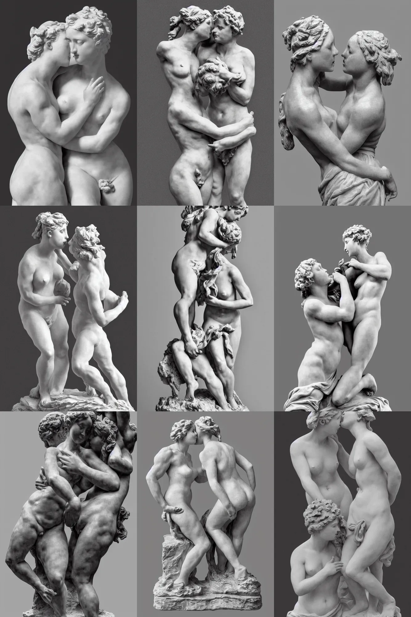 Prompt: black and white photo of Jean Baptiste Carpeaux sculpture of female figures kissing . Full body shot; hyper realism dramatic lighting, high detail 4K