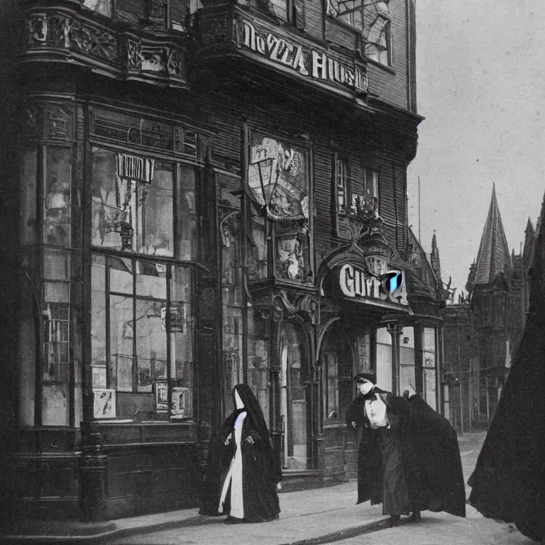 Image similar to A photo of the exterior of a gothic Pizza Hut in a victorian city, a cloaked man is walking away with a pizza, night, lit by gaslight