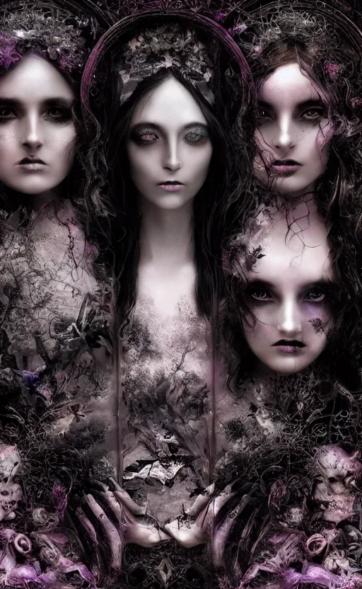 Image similar to three stunning otherworldly gothic goddesses of beauty wearing psychedelic wicca, dark and mysterious, atmospheric, ominous, eerie, cinematic, epic, 8 k, 4 k, ultra detail, ultra realistic, rendered by awesomeness