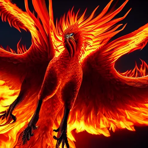 Prompt: hyperdetailed image of a detailed flaming phoenix full body wings spread 8 k extremely detailed hd hyperrealism unreal engine