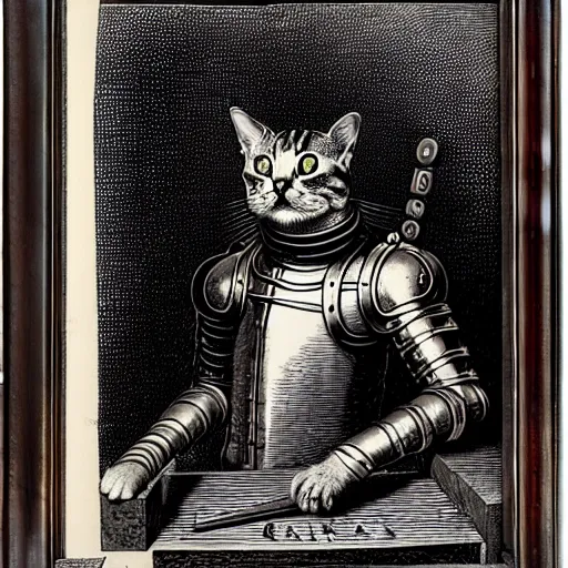 Image similar to engraving portrait of humanoid cat in medieval armoury by gustave dore