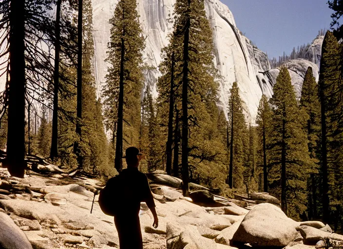 Prompt: a 2 8 mm macro kodachrome photo of a man hiking in yosemite national park in the 1 9 5 0's, seen from a distance, bokeh, canon 5 0 mm, cinematic lighting, film, photography, golden hour, depth of field, award - winning