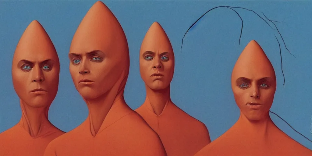 Prompt: coneheads 1 9 8 0 s pop band, zdzisław beksinski aesthetic, detailed facial expressions