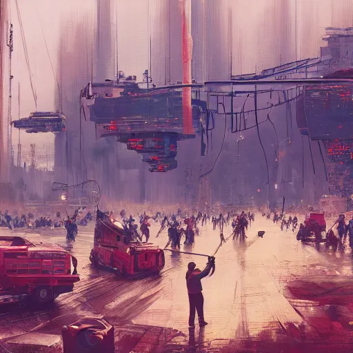 Image similar to Workers struggle against the bourgeoisie, workers strike, Simon Stalenhag, Wadim Kashin, digital art, trending on artstation, cinematic