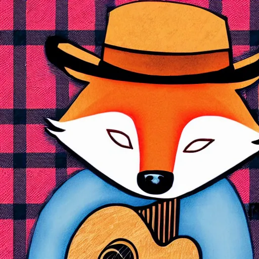 Image similar to a female fluffy anthropomorphic fox animal, head of fox, wearing cowboy hat, wearing plaid shirt, playing guitar, in a field, barn in background, album cover style