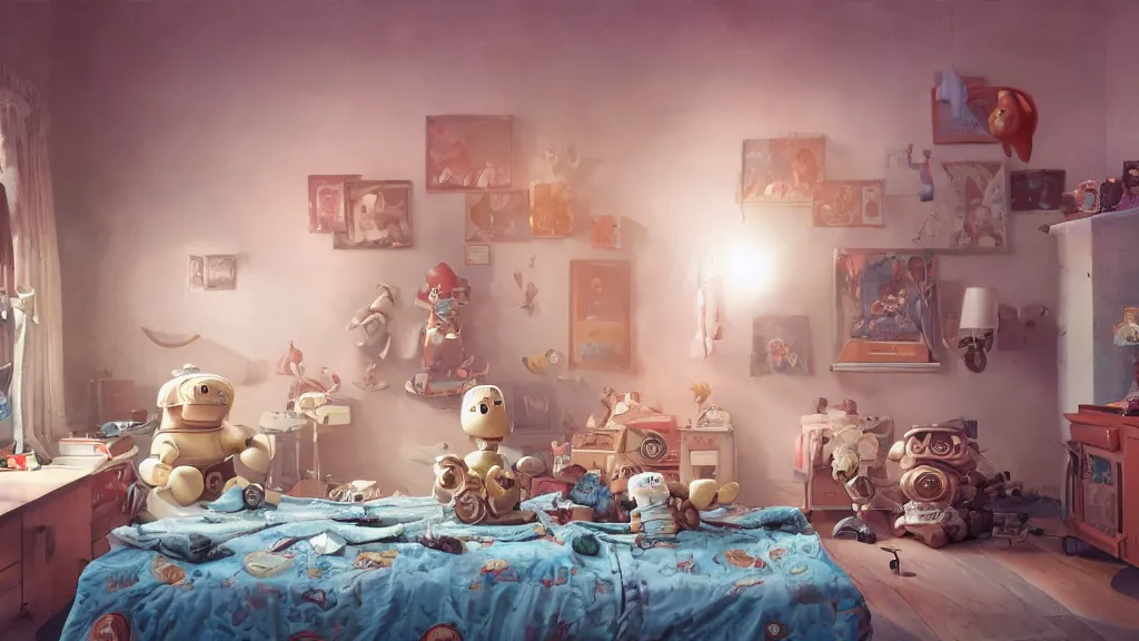 Prompt: a Photorealistic hyperrealistic Low angle view render of a vintage wind up toy robot on the floor of an interior of a beautifully decorated spoiled child's beautiful bedroom with a giant teddy bear sitting on the bed by PIXAR,Greg Rutkowski,WLOP,Artgerm,dramatic moody sunset lighting,long shadows,Volumetric, cinematic atmosphere, Octane Render,Artstation,8k