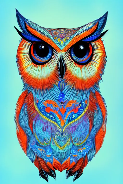 Image similar to glowing owl, blue and orange colours, highly detailed, digital art, sharp focus, trending on art station