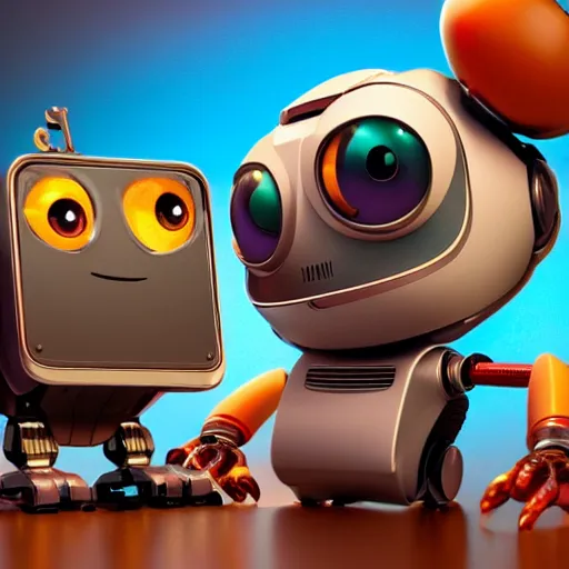 Prompt: two small chubby bots, hyperdetailed colourful, smooth panelling, intricate detail, holding, single eye, style of cute pokemon, rusty arms, antenna, gerbil, floating, white studio, mechanical, cute toy, wall - e, ambient light, in the style of pixar animation, pokedstudios,, blender, octane render, 8 k,