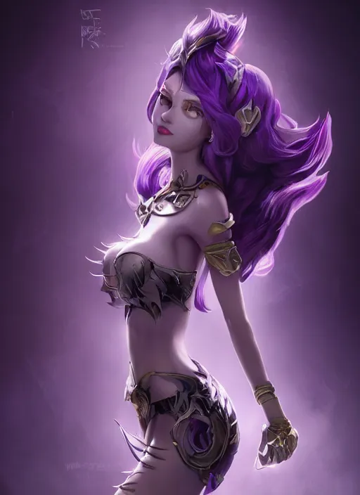 Image similar to playful morgana, from league of legends, au naturel, hyper detailed, purple skin, black wings, digital art, trending in artstation, cinematic lighting, studio quality, smooth render, unreal engine 5 rendered, octane rendered, art style by klimt and nixeu and ian sprigger and wlop and krenz cushart