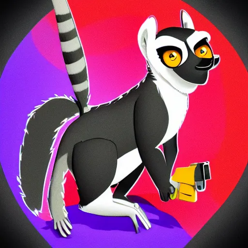 Image similar to “ logo of a lemur in the style of zootopia holding laser gun, with a black background, digital art, award winning, trending on art station, retro style ”