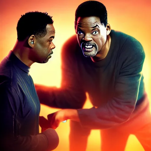 Prompt: chris rock is fighting with will smith on his face, shadow harsh lights, dramatic scene, hyper detailed, digital art, trending in artstation, cinematic lighting, studio quality, smooth render, unreal engine 5 rendered, octane rendered, ligh rim