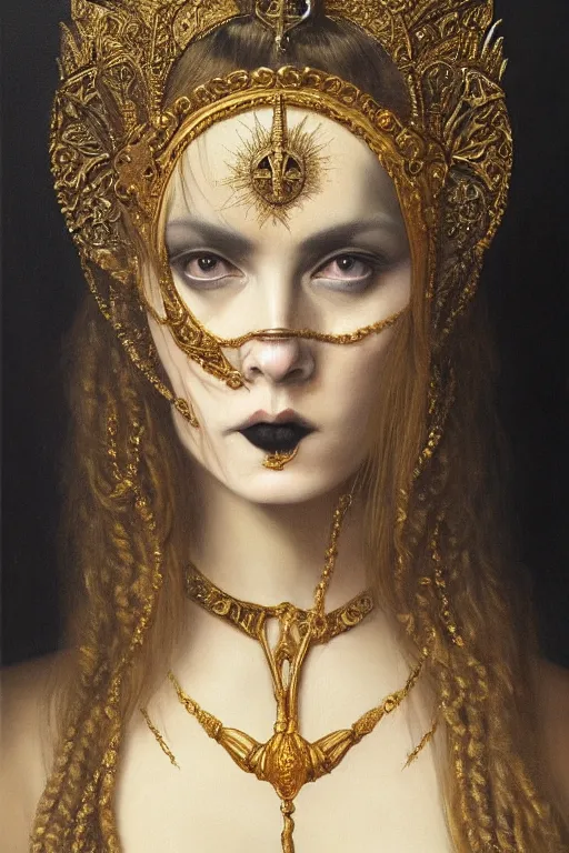 Image similar to hyper realistic painting portrait of goth queen, occult diagram, elaborate details, detailed face, intrincate ornaments, gold decoration, occult art, oil painting, art noveau, in the style of roberto ferri, gustav moreau, jean delville, bussiere, andrew gonzalez
