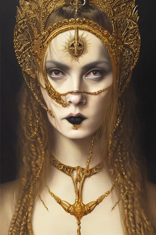 Prompt: hyper realistic painting portrait of goth queen, occult diagram, elaborate details, detailed face, intrincate ornaments, gold decoration, occult art, oil painting, art noveau, in the style of roberto ferri, gustav moreau, jean delville, bussiere, andrew gonzalez