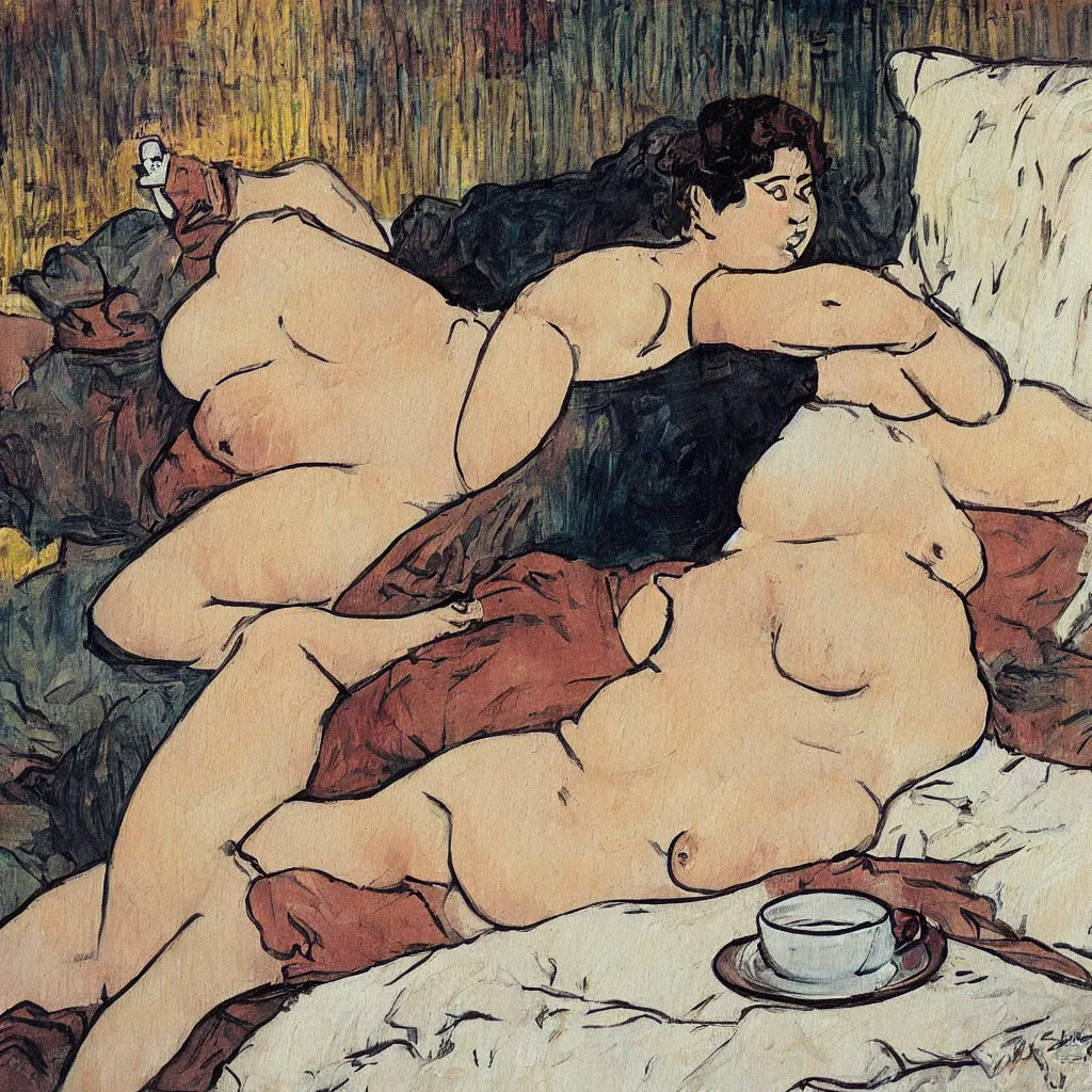 Image similar to a beautiful painting of a beautiful fat woman drinking coffee in a bed with white sheets drinking coffee in the style of telous lautrec