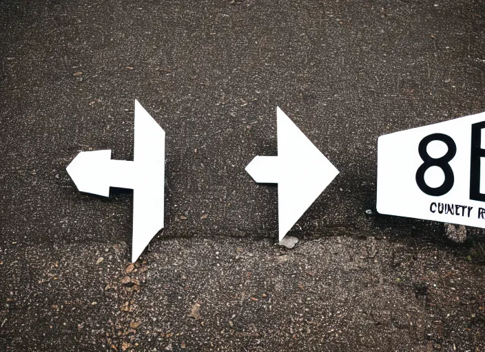 Prompt: photo still of two street signs shaped like arrows pointing left and right with the words left on one and right on the other, country road, 8 k 8 5 mm f 5. 6