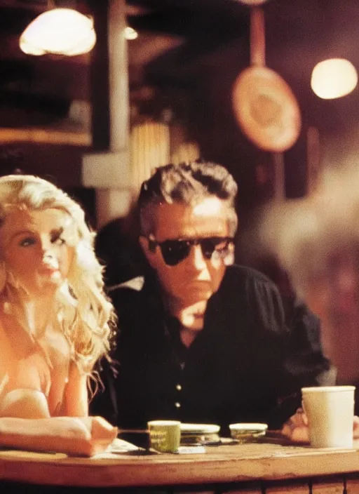 Prompt: a close - up, color cinema film still of a johnny cash talking to a beautiful waitress at hooters, ambient lighting at night.