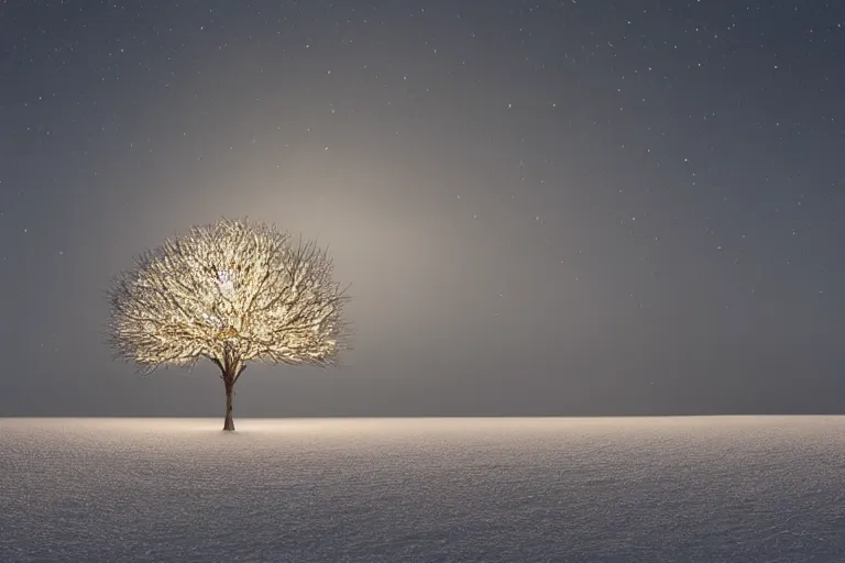 Prompt: a glowing tree made of light on a snow covered field, landscape inspired by salvador dali, a matte painting by li shida, cgsociety, context art, redshift, matte painting, reimagined by industrial light and magic