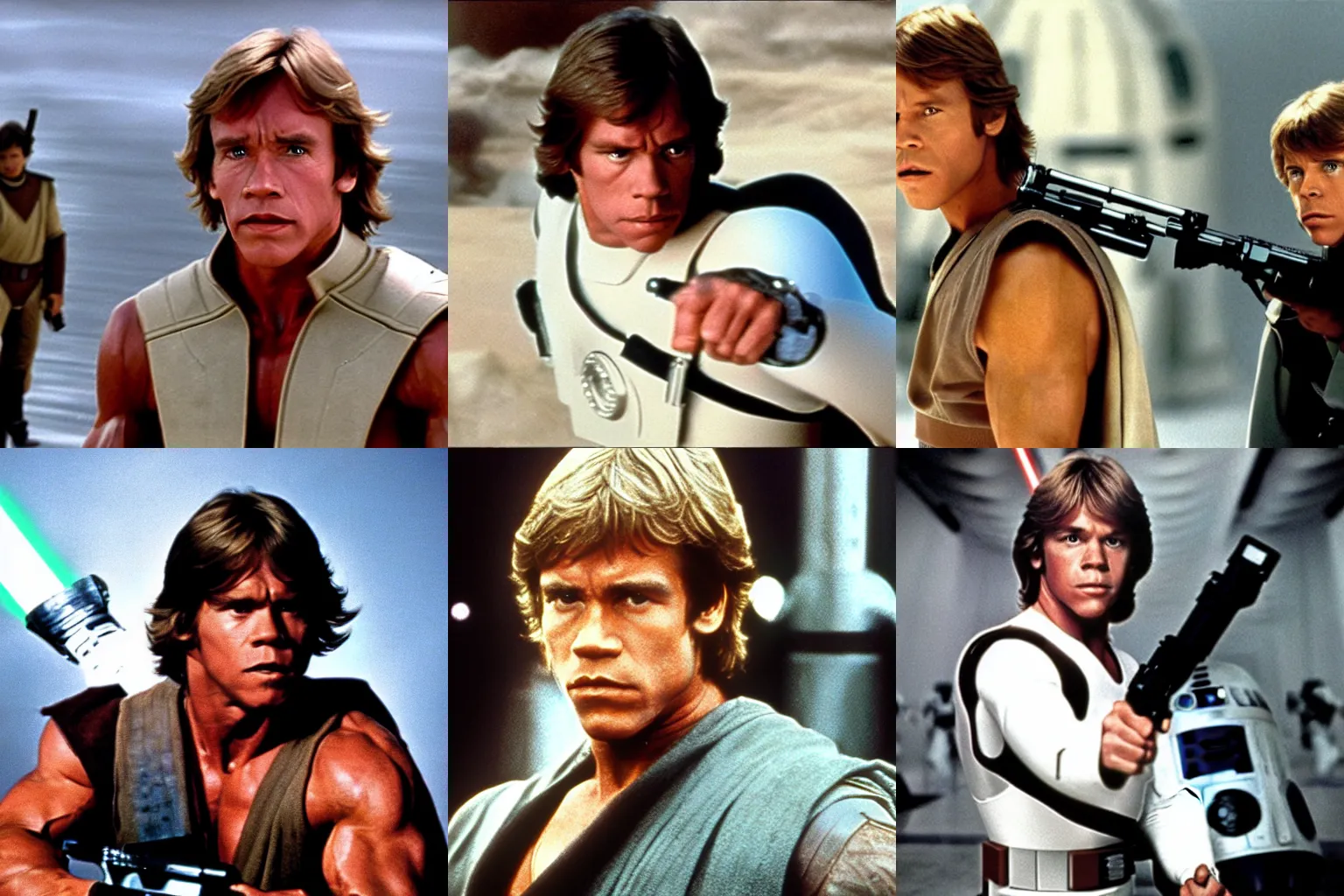 Prompt: A still from Star Wars (1977) of Arnold Schwarzenegger playing Luke Skywalker in Star Wars