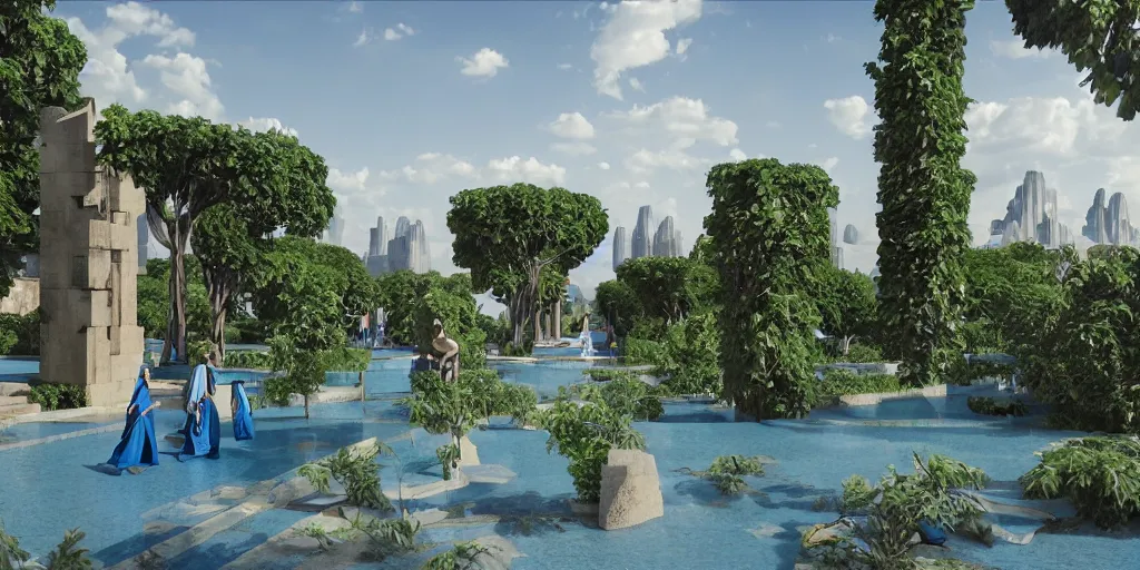 Prompt: geometric babylonian garden based on the design of versailles in a megacity made of travertine brutalist temples, group of monks in blue robes wandering in the garden, massive aluminum space elevators in the distance, sci-fi, blue sky with clouds, optimistic matte painting, style by syd mead, 8k, octane render, photorealistic, hyperrealism