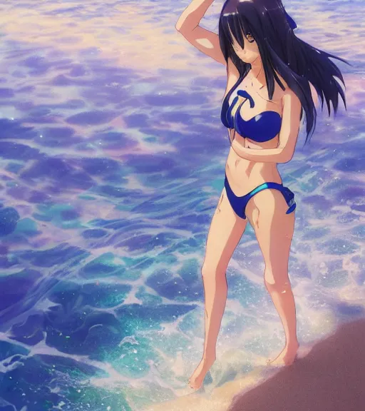 Image similar to an anime girl wading in the beach, waist deep in the water, ripples, facing the camera, full shot, wearing blue swimsuit. By Makoto Shinkai, Stanley Artgerm Lau, WLOP, Rossdraws, James Jean, Andrei Riabovitchev, Marc Simonetti, krenz cushart, Sakimichan, trending on ArtStation, digital art.