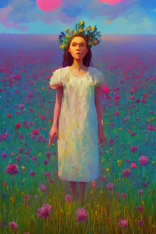 Prompt: closeup, huge flower head, girl standing in a field of flowers, surreal photography, sunrise, blue sky, dramatic light, impressionist painting, digital painting, artstation, simon stalenhag