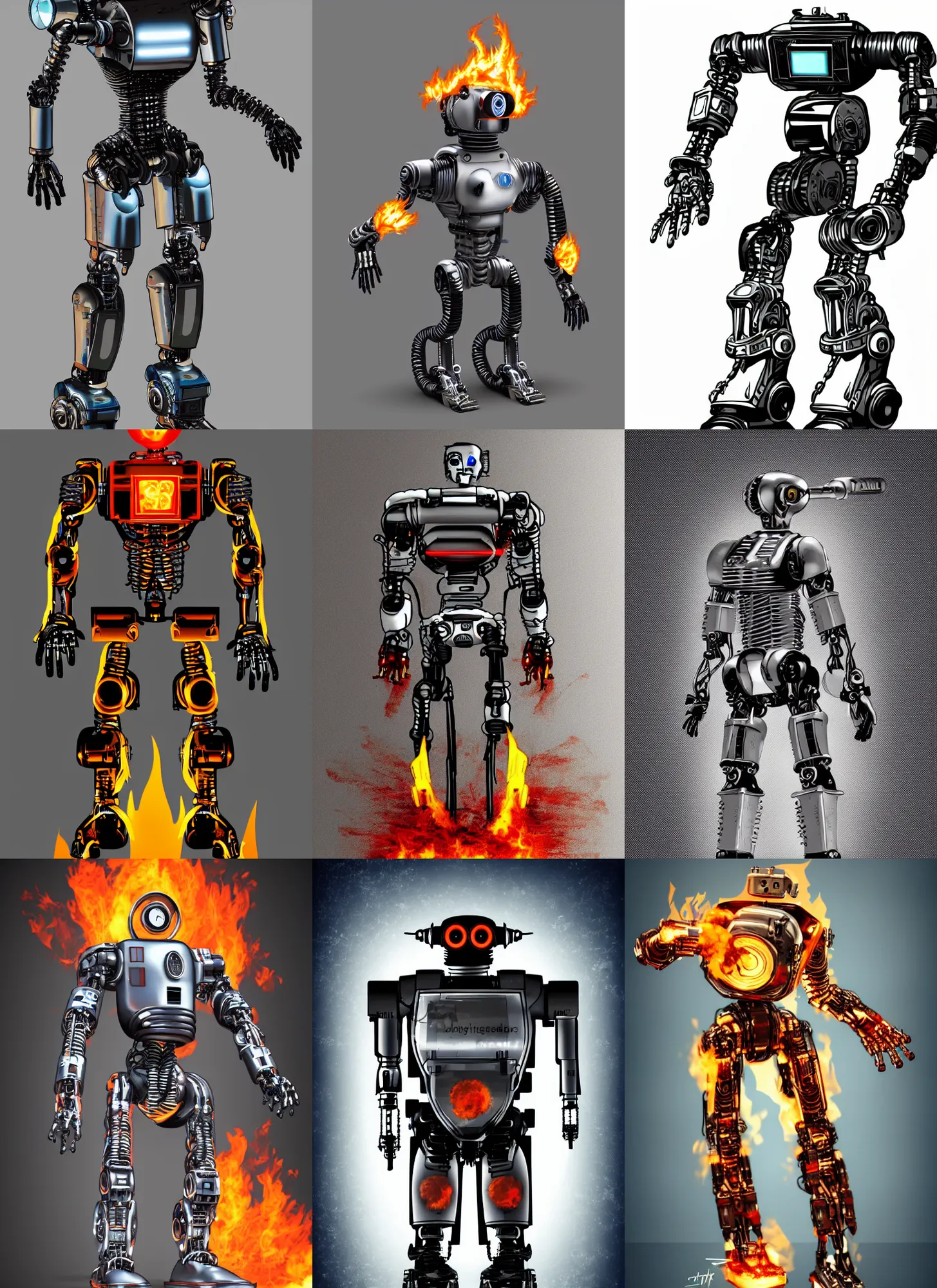 Prompt: full body concept retro sci - fi terminator robot with flames around it