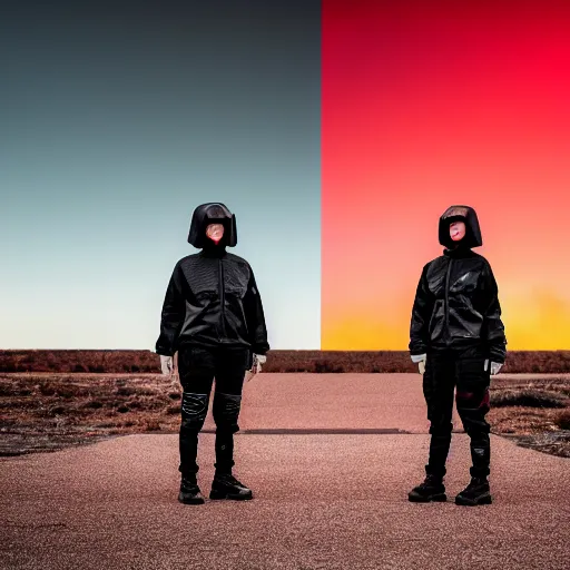 Image similar to photograph 2 techwear women in front of a brutalist metal building, on a desolate plain, red sky, sigma 8 5 mm f / 1. 4, 4 k, depth of field, high resolution, octane render, 4 k, 8 k, hd, full color