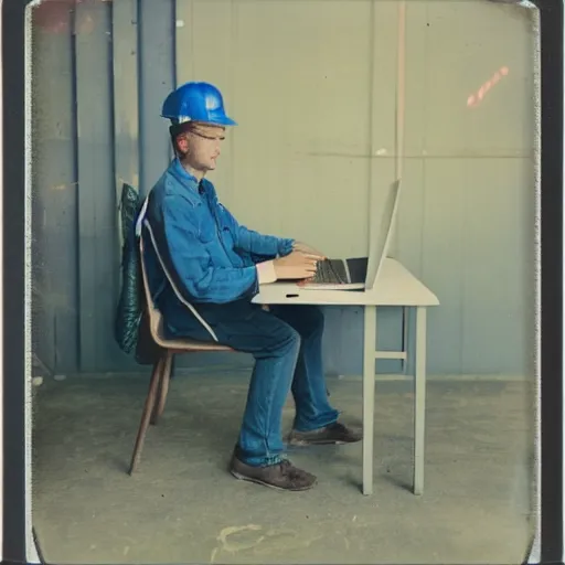 Image similar to a polaroid photo of man using a laptop inside in warehouse, he sitting on chair and small table, he's wearing blue cloth and construction hat, photo from behind, high details, perfect face shape