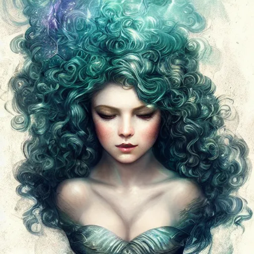 Image similar to beautiful mermaid with curly hair, magical details, magical atmosphere, digital art, concept art, devianart, cinematic lighting, hyper - detailed, cgsociety, 3 - d 8 k, high resolution, in the style of charlie bowater, tom bagshaw, alexis franklin, elena masci, pawel rebisz